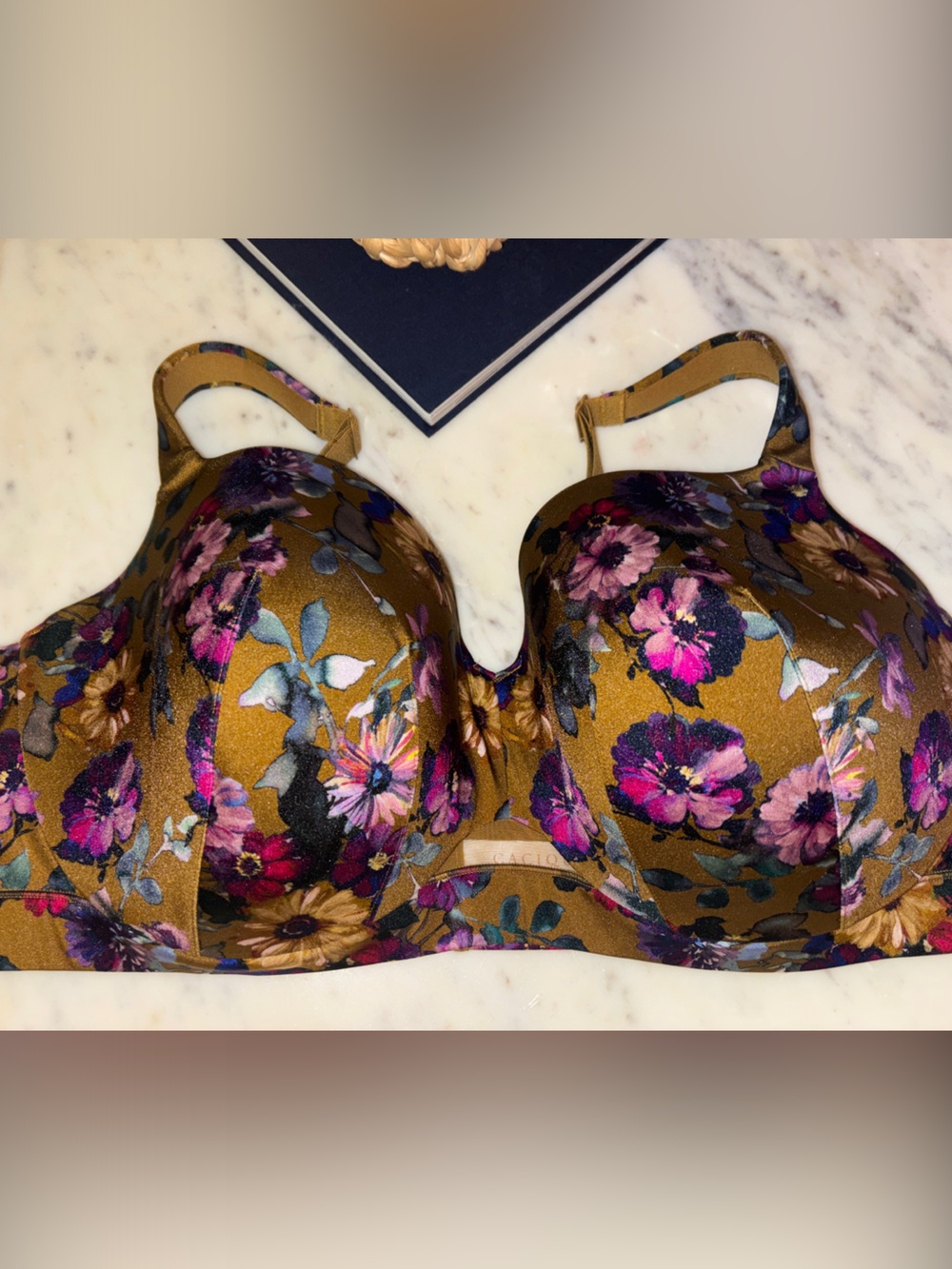 Cacique Mustard Brown Floral Underwire Bra with Pink & Purple Flowers 44DDD/F